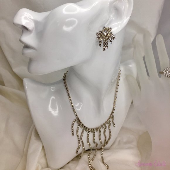 Vintage Rhinestone/Crystal Earrings, Necklace & Ring Set - Picture 2 of 10